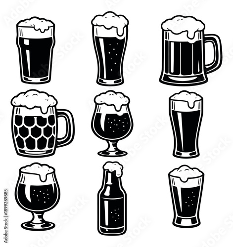Retro line art beer glassware set featuring various beer glass styles, mugs, and a bottle with frothy foam for beverage menus and pub designs