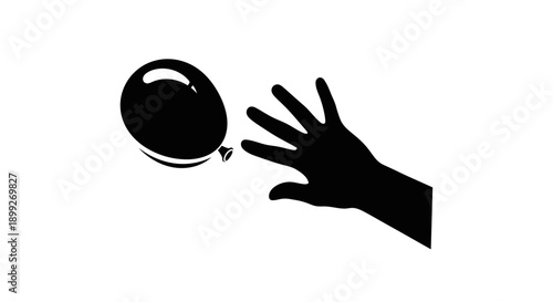 Black silhouette of a hand reaching for a balloon, symbolizing interaction and playfulness.