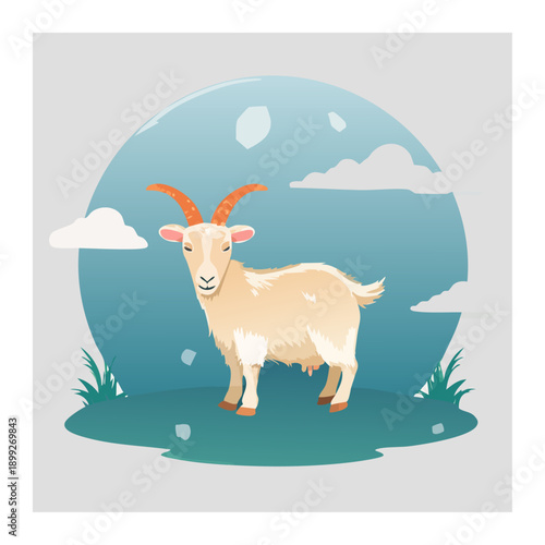 Friendly Goat's Pastoral Presence: a charming goat stands calmly in a vibrant landscape with a serene celestial background. It symbolizes nature's innocence and rural tranquility.