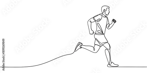 Continuous line drawing of a man running with a trailing line