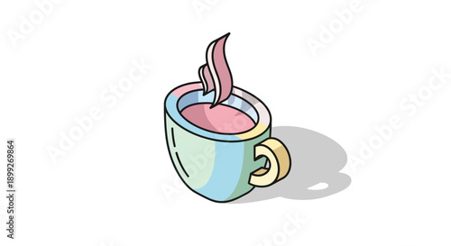 Colorful cartoon illustration of a steaming beverage in a stylized coffee cup