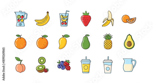 Colorful fruits and beverages vector illustration for health and wellness related content