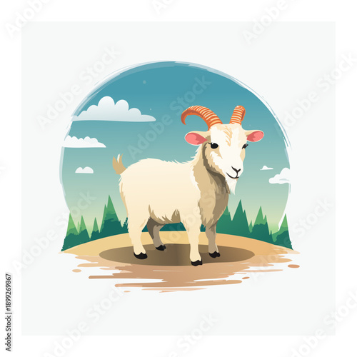 Goat Standing Proudly: An illustrated goat with a fluffy, white coat, curved horns, and a serene gaze stands poised against a backdrop of rolling hills and an inviting sky.