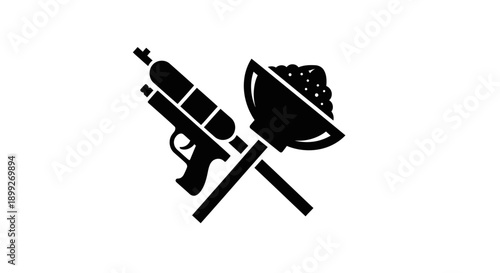Paintball gun and hopper icon, representing the sport and equipment.