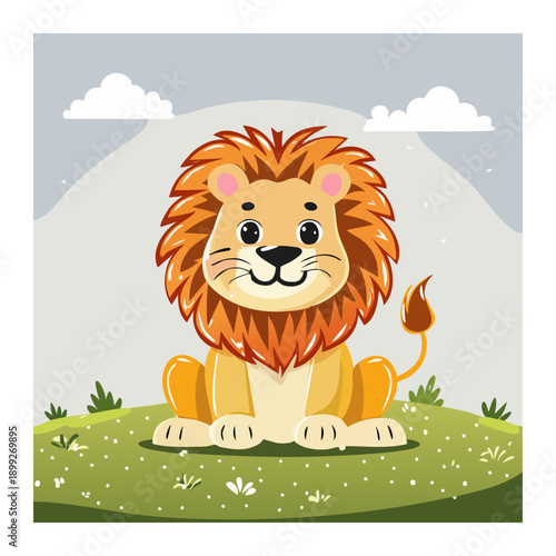 Cheerful Lion Cub in Nature: A charming cartoon lion cub sits amidst a whimsical landscape, radiating innocence and joy, against a backdrop of rolling hills and fluffy clouds.