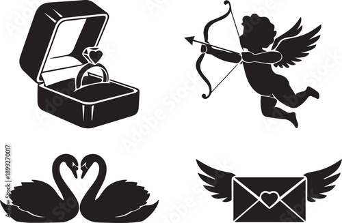 Valentine's day diamond engagement ring swans forming heart cupid with bow and flying love letter Silhouette vector black on a white background