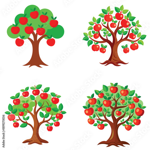 Apple trees with red apples in a cartoon style with bright colors on a white background for illustration