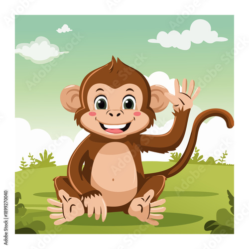 Animated Greeting: An adorable animated monkey sits in a verdant setting and waves hello with a playful expression. Perfect for adding a touch of childlike joy.