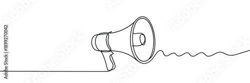 Continuous line drawing of a vintage megaphone with a trailing waveform