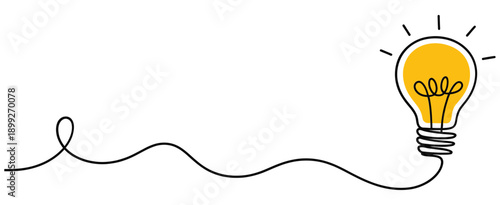 A simple line drawing depicts a glowing light bulb with a trailing wire