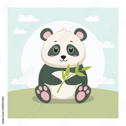 Sweet Panda's Bamboo Delight: A charming, friendly panda, holding a bamboo branch. sitting with an adorable smile, amidst a cheerful cartoon landscape. 
