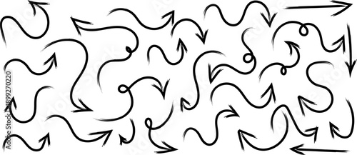 A complex pattern of black arrows on a white background moving in various directions