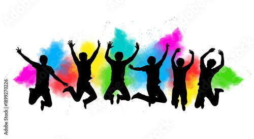 Silhouettes of happy people jumping with colorful powder paint explosions in the background, celebrating joy and freedom.