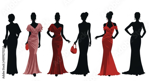 Silhouettes of elegant women in evening gowns and accessories.