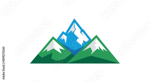 Geometric mountain range illustration with green, blue, and white colors in a logo style design