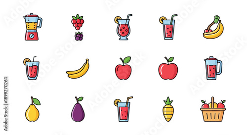 Healthy Food and Drinks Illustrations with Blender, Fruits, Juice, and a Basket full of Fruits