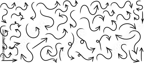 A complex pattern of hand drawn arrows on a white background with varying directions and shapes