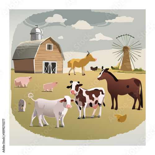 Farmyard Symphony: A vibrant portrayal of idyllic farm life, showcasing a quaint barn, windmill, and a menagerie of charming farm animals thriving in their pastoral habitat.