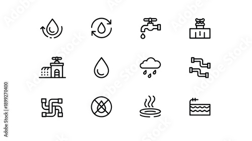 Collection of minimalist water and utility related line icons on white