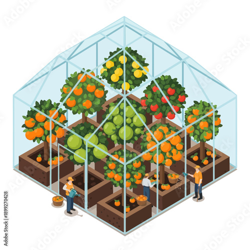 Greenhouse with Fruit Trees and People.
