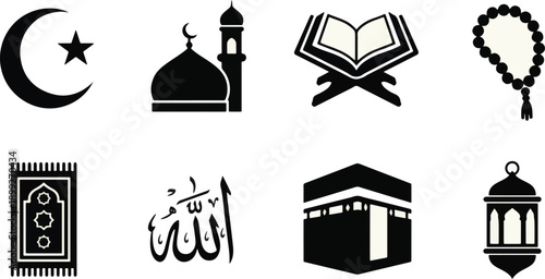  Islamic Religious Icons Silhouette Vector Set 2026 Crescent Moon, Mosque, Quran, Kaaba, Prayer Rug, and Lantern Symbols Collection Isolated on White 2026
