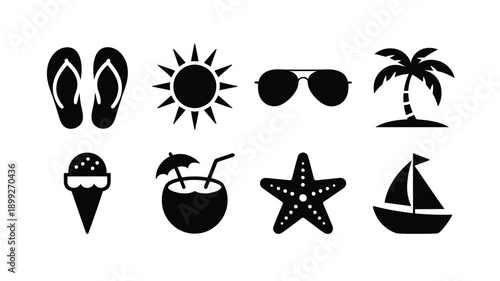 Summer vacation icons sunglasses flip flops sun and tropical elements