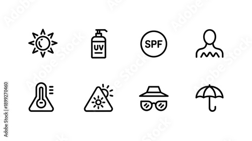 Summer weather and sun protection icons in simple line art style