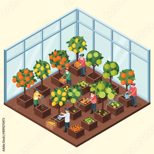 People Working in Greenhouse with Trees.