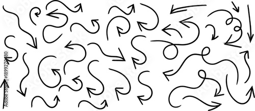 A complex network of hand drawn arrows on a white background with varying line styles and directions