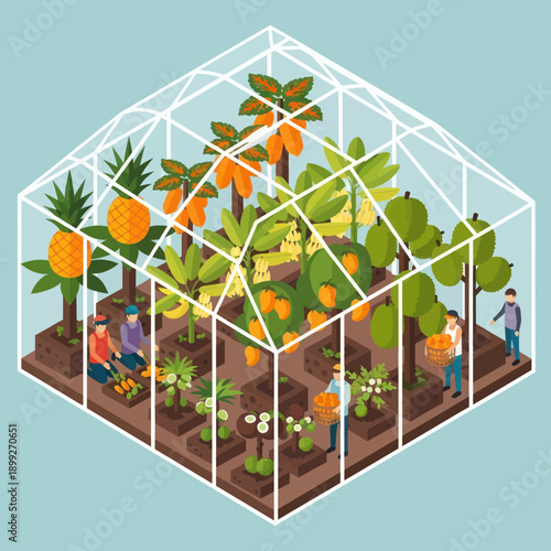 Greenhouse with People and Tropical Plants.