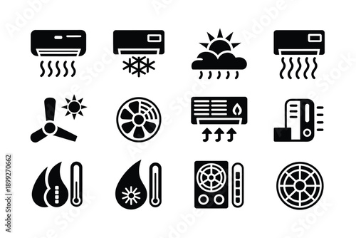 Black and white icons depicting various air conditioning and climate control elements