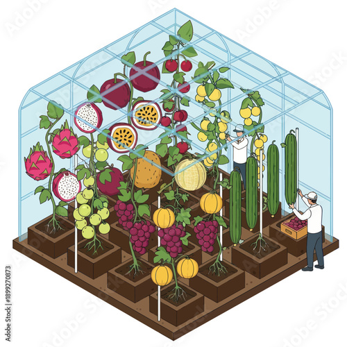 Greenhouse with Variety of Fruits and Vegetables.