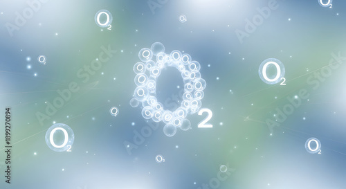 Abstract visualization of oxygen molecules O2 floating in a soft blue and green gradient background with glowing particles, representing science and health
