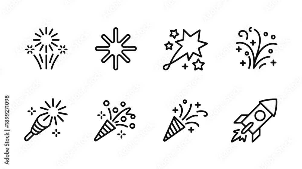 Obraz premium Collection of firework and rocket line icons for celebrations