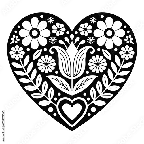 Floral heart design a black and white folk art illustration