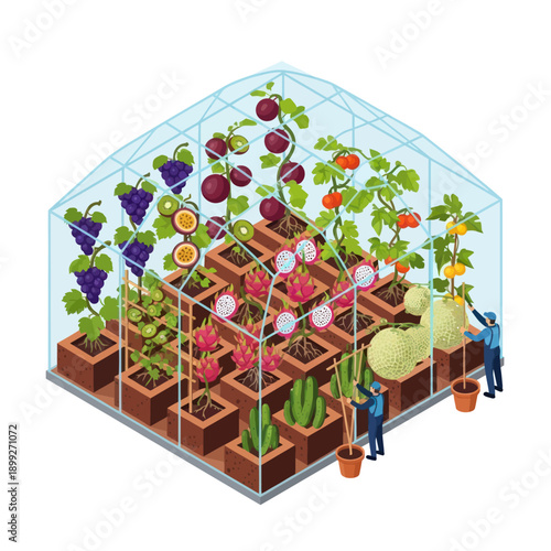 Greenhouse with People Tending to Plants.