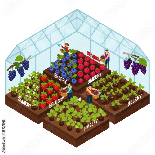 Greenhouse with Berries and People Working.