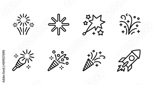 Collection of firework and rocket line icons for celebrations