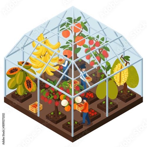 Greenhouse with Farmer and Various Crops.