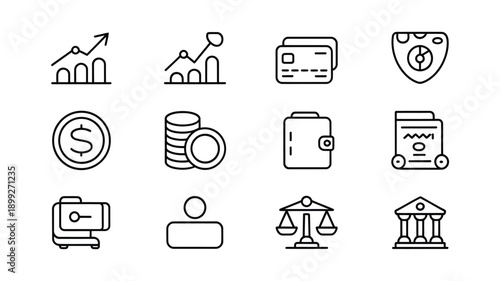 Financial security and legal protection icons in a line art style