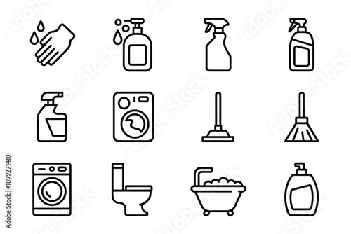 Cleaning supplies and hygiene icons in a simple line art style