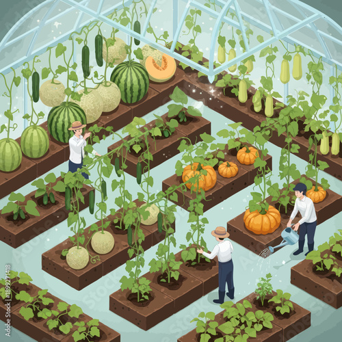 Greenhouse Farmers Tending to Various Crops.