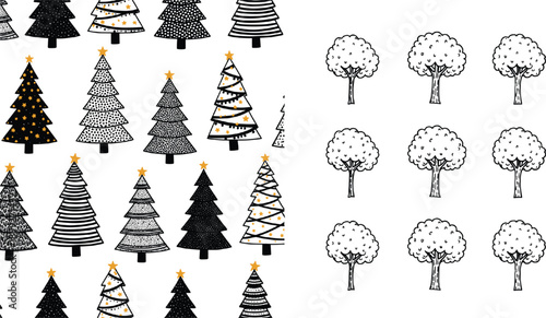 Set of stylized black Christmas tree patterns with gold stars and hand-drawn deciduous tree sketches isolated on grey background for holiday decor