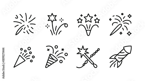 Simple black and white line drawing of various firework and celebration icons