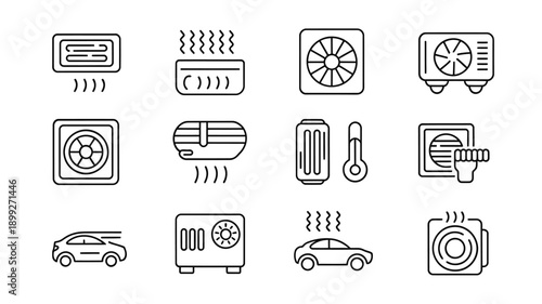 Line art icons depicting various cooling and ventilation systems