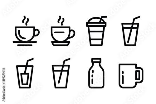 Line art icons depicting various hot and cold beverages in containers