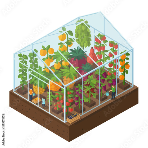 Greenhouse with Variety of Plants and Fruits.