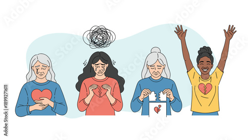Four women illustrating different emotional stages from heartbreak and sadness to healing and final joy.