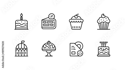 Collection of black and white line art dessert icons displayed in a grid