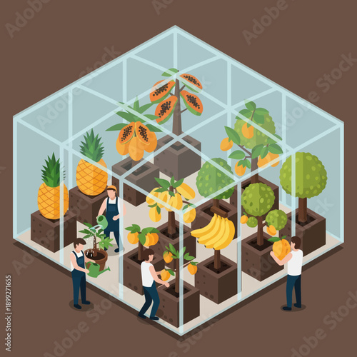 People working in a greenhouse with plants.